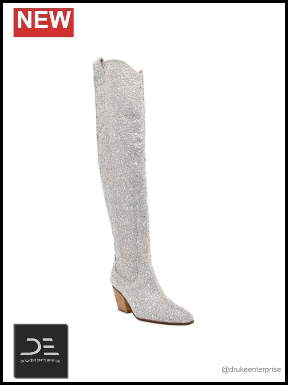 Rhinestone Cowboy Over the Knee Boots Women Thigh High Chunky Heels Pointed Toe